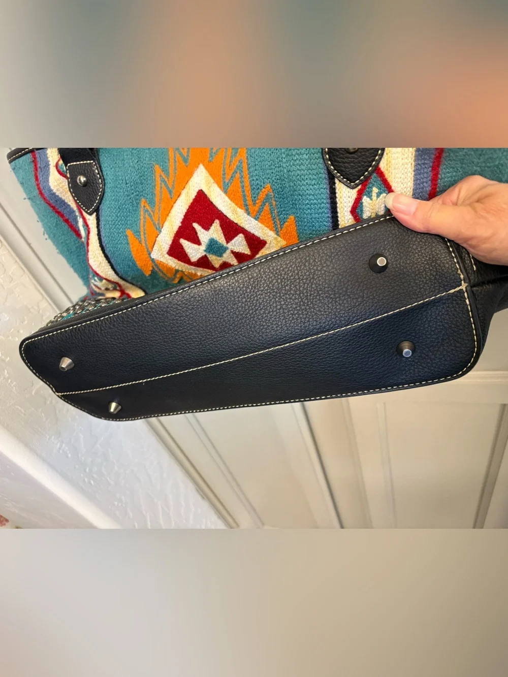 Turquoise Southwestern Pattern Tote Bag with Studded Trim
